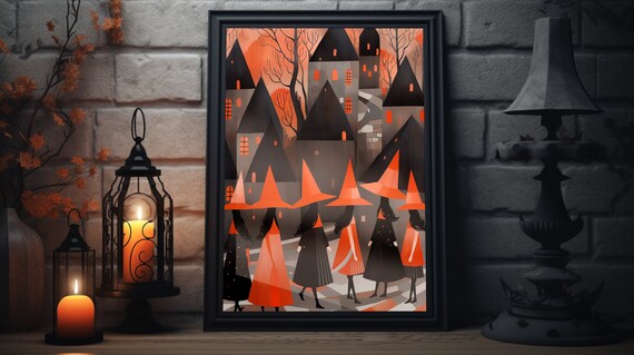 Witches With Orange Hats Walking Through Misty Halloween Town Art Poster