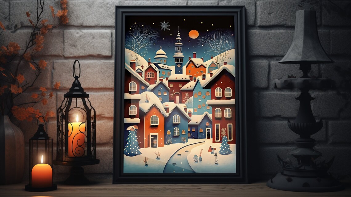 Snowy Winter Village Church Colorful Houses Holiday Folk Art Poster