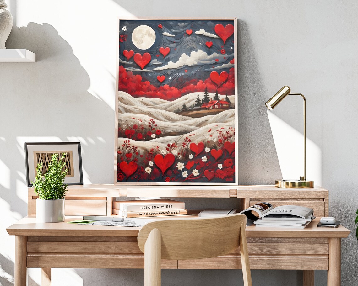 Valentines Snowy Hills Floating Hearts Moon Cabin Folk Art Poster - Image 4