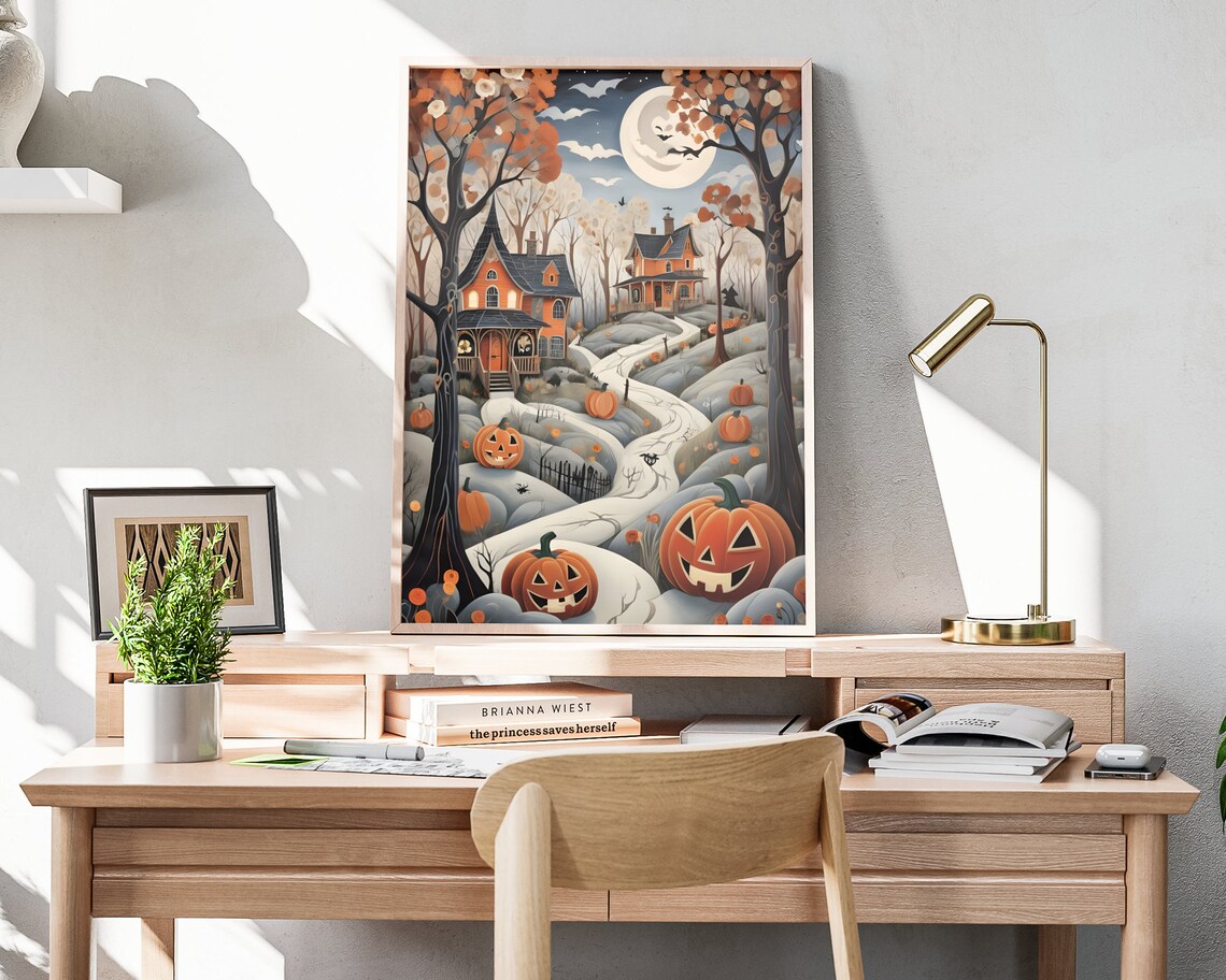 Haunted Houses And Jack O Lanterns Under Halloween Moon Wall Art Poster - Image 4