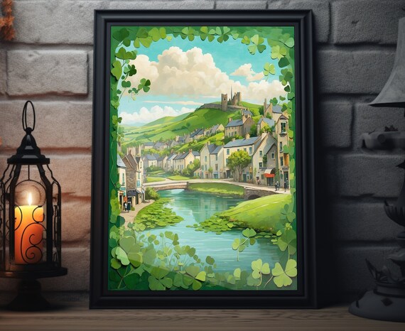 Ireland Castle Town River Bridge Shamrock Border Folk Art View Poster