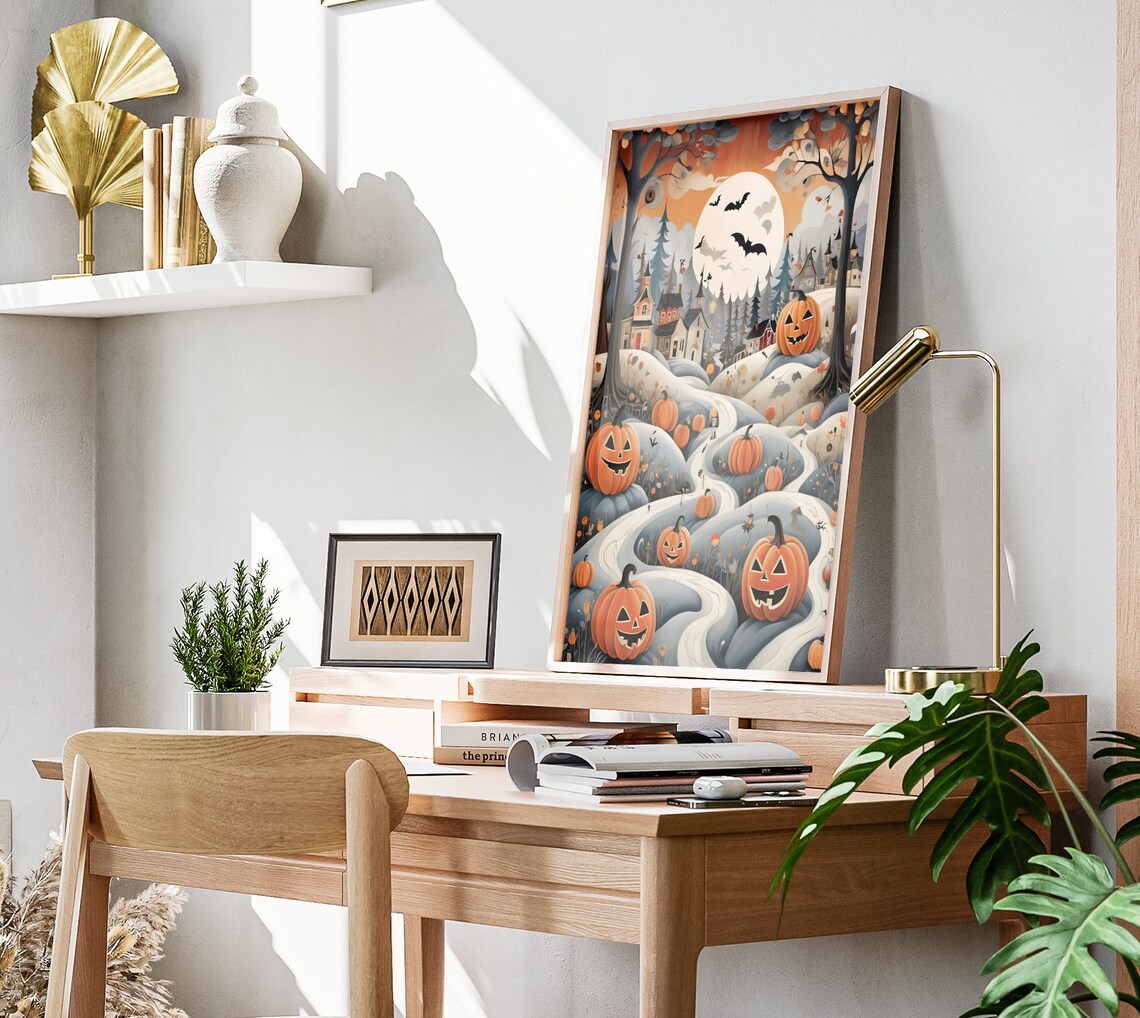 Halloween Village On Hills With Jack O Lanterns And Bats Wall Art Poster - Image 3