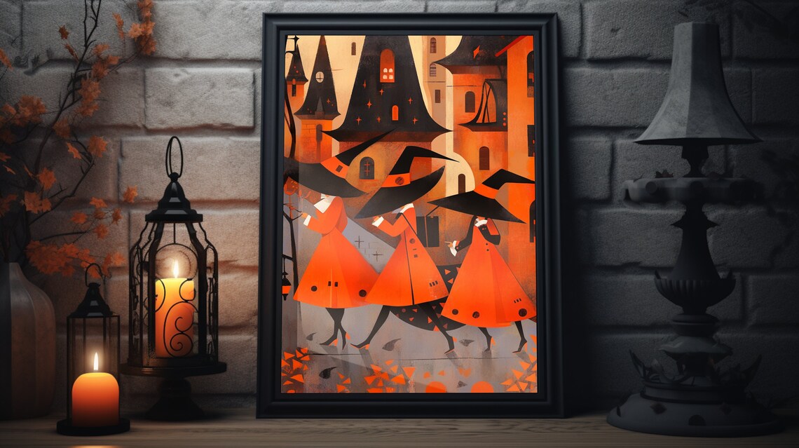 Vintage Halloween Town W Witches Folk Art Poster