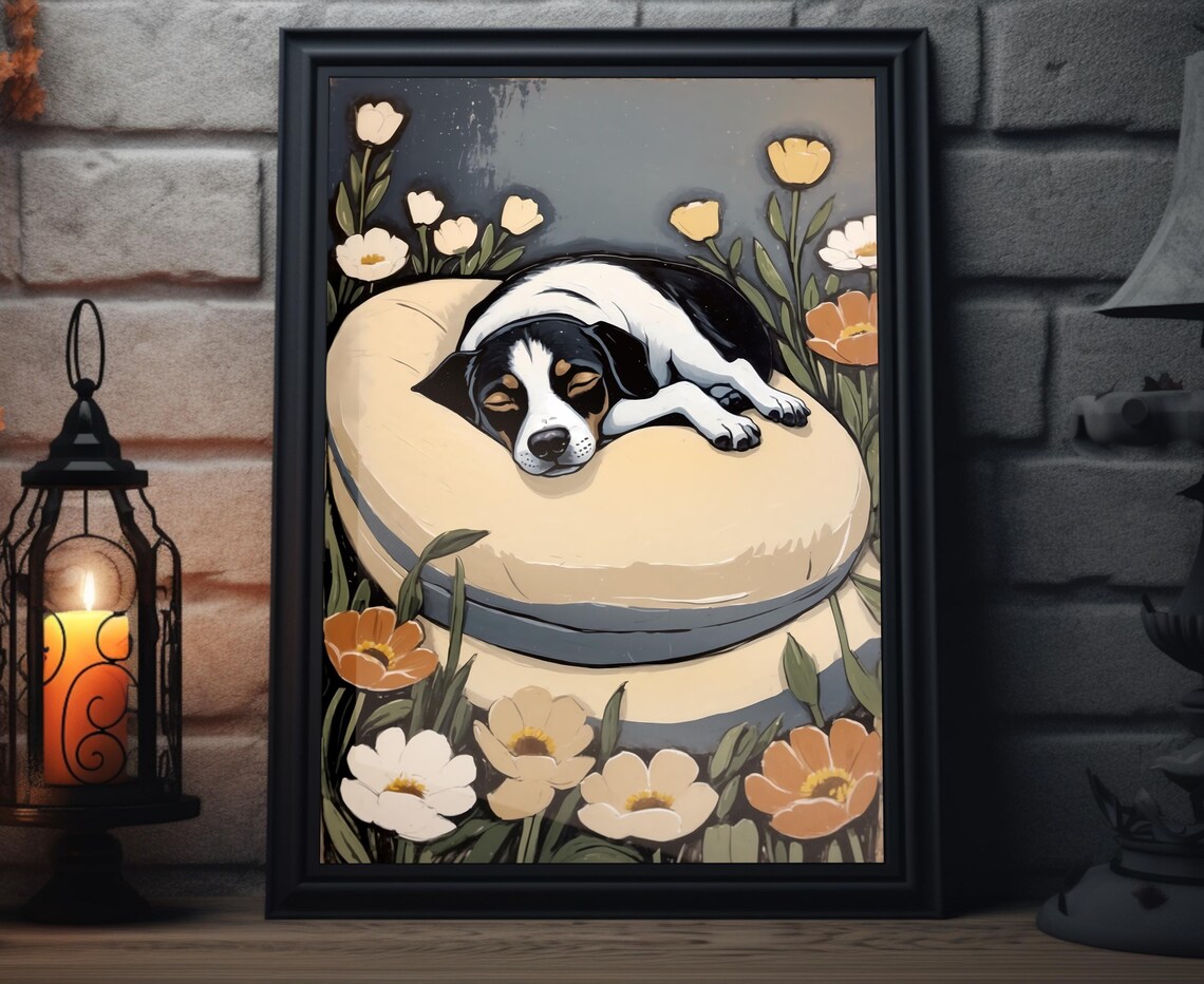 Sleeping Puppy Floral Art Cozy Curled Dog Among Flowers Print