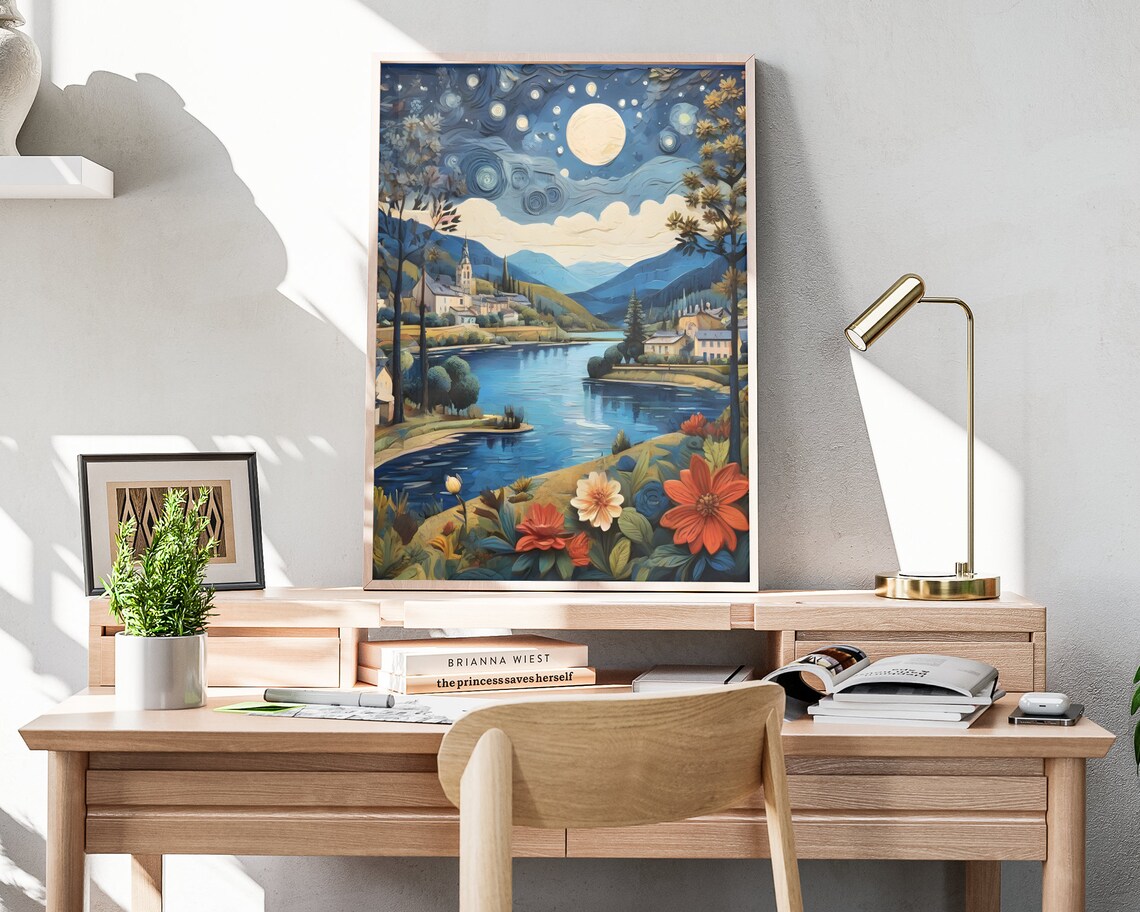 Moonlit Mountain Lake Village Church Starry Night Flowers Art Poster - Image 3