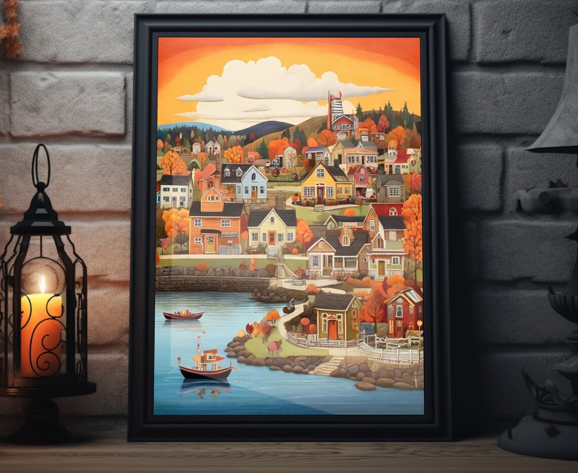 Sunset Harbor Town Fishing Boats Autumn Coast Golden Sky Art Poster