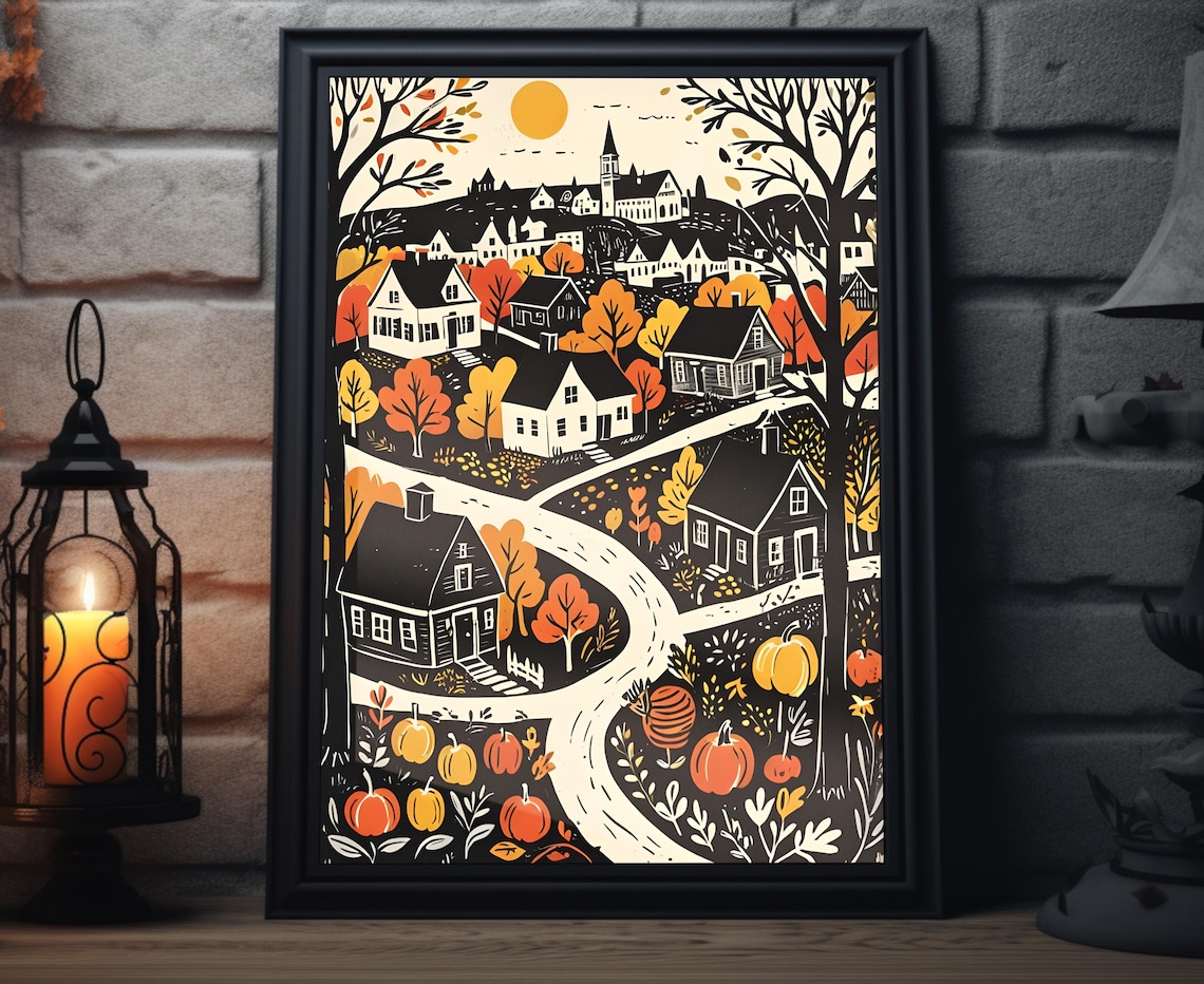 Fall Harvest Town Woodcut Village Scenic Orange Tree Art Print