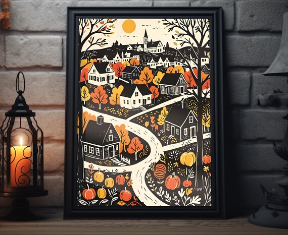 Fall Harvest Town Woodcut Village Scenic Orange Tree Art Print