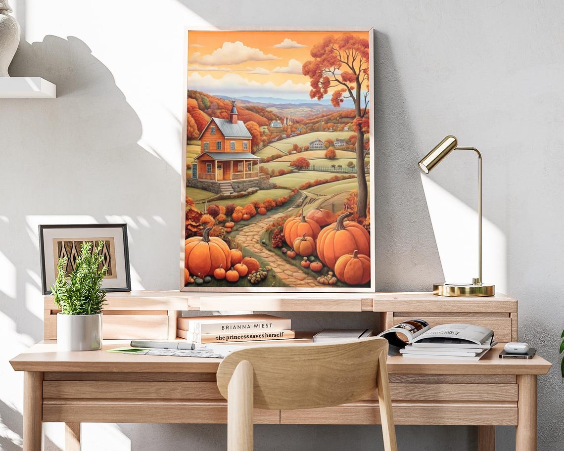 Autumn Farmhouse Hill Valley Sunset Pumpkin Patch Art Poster - Image 4
