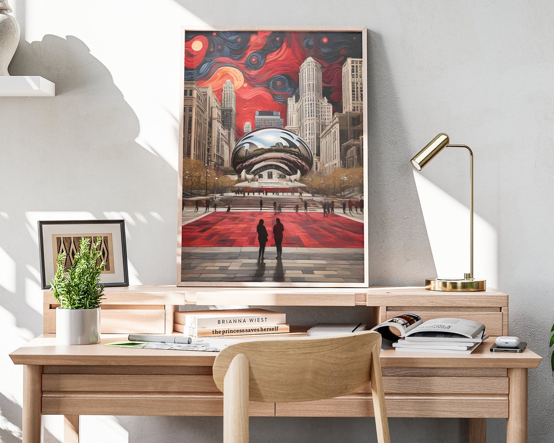 Chicago Millennium Park Cloud Gate Bean Sunset Red Sky City Art Poster - Image 3