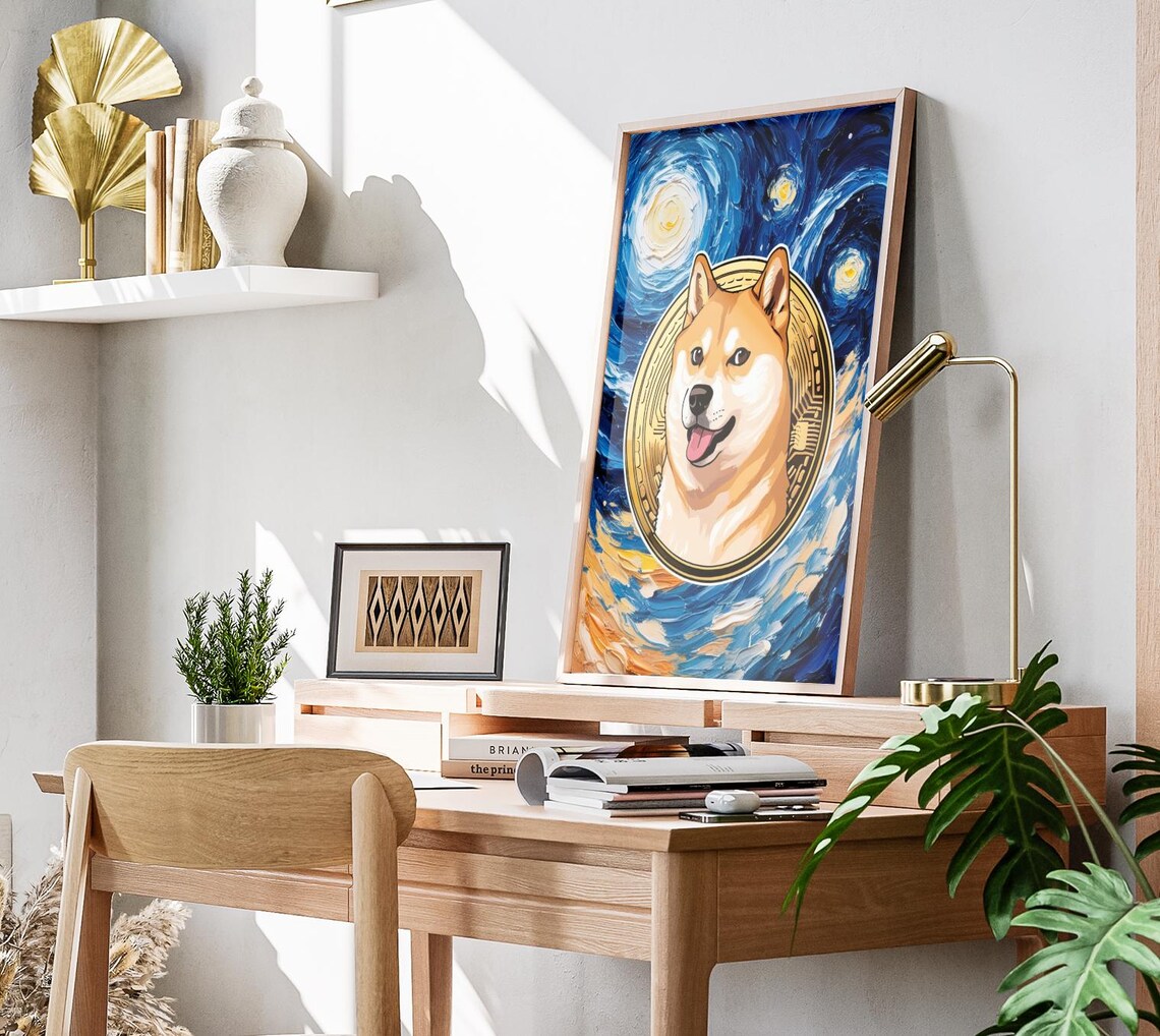 Dogecoin Shiba Inu Gold Coin Starry Night Swirl Crypto Meme Wall Art Poster - Image 3