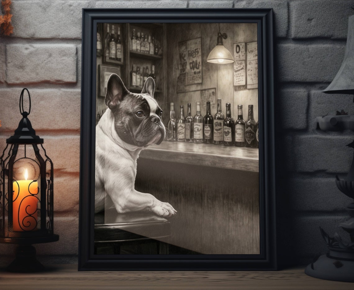 French Bulldog Leaning Paws On Bar Counter Black White Poster