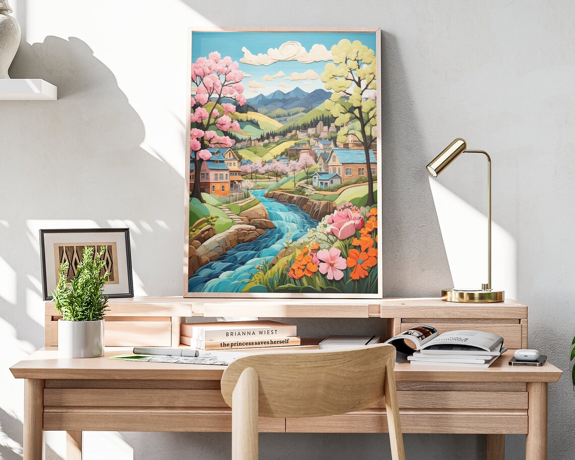 Spring River Village Blossom Tree Flowers 3D Paper Cut Art Poster - Image 4