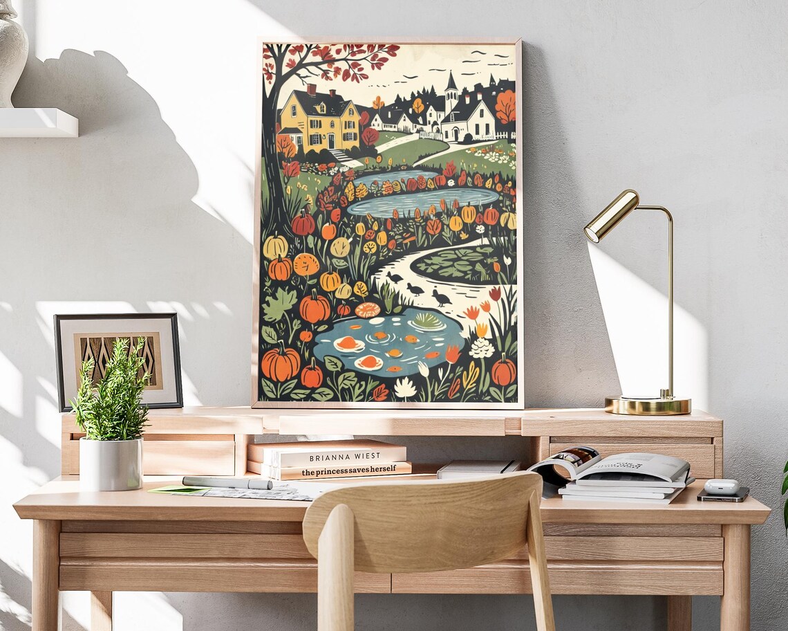Autumn Village Pond Pumpkins Ducks Harvest Woodcut Art Poster - Image 4