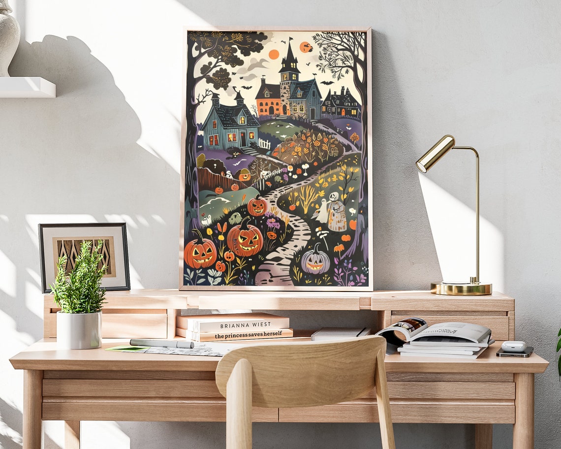 Halloween Village Ghosts Pumpkins Church Steeple Night Art Poster - Image 4