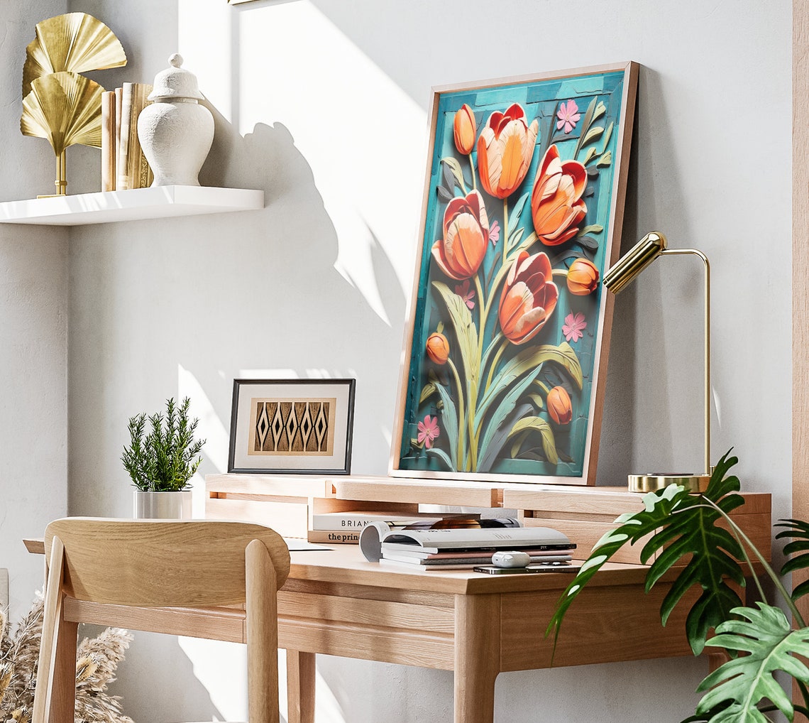 Orange Tulip Sculpted 3D Flowers Teal Spring Botanical Art Poster - Image 3