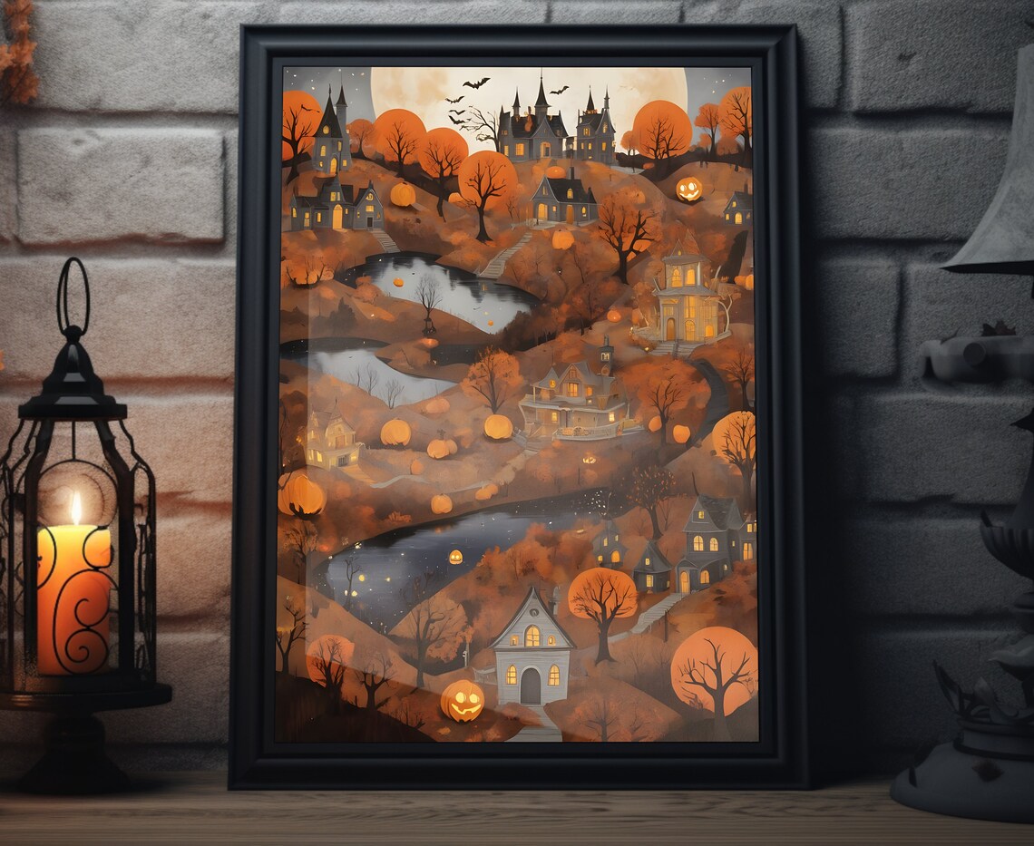 Vintage Halloween Folk Art Pumpkin Town Art Print
