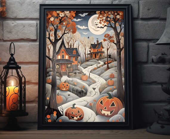 Haunted Houses And Jack O Lanterns Under Halloween Moon Wall Art Poster