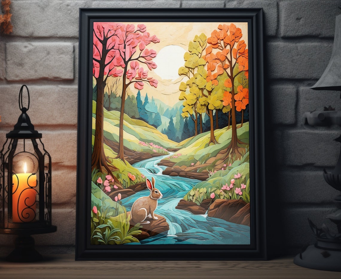 Spring Forest Rabbit Folk Art Blue Stream Blossom Trees Poster