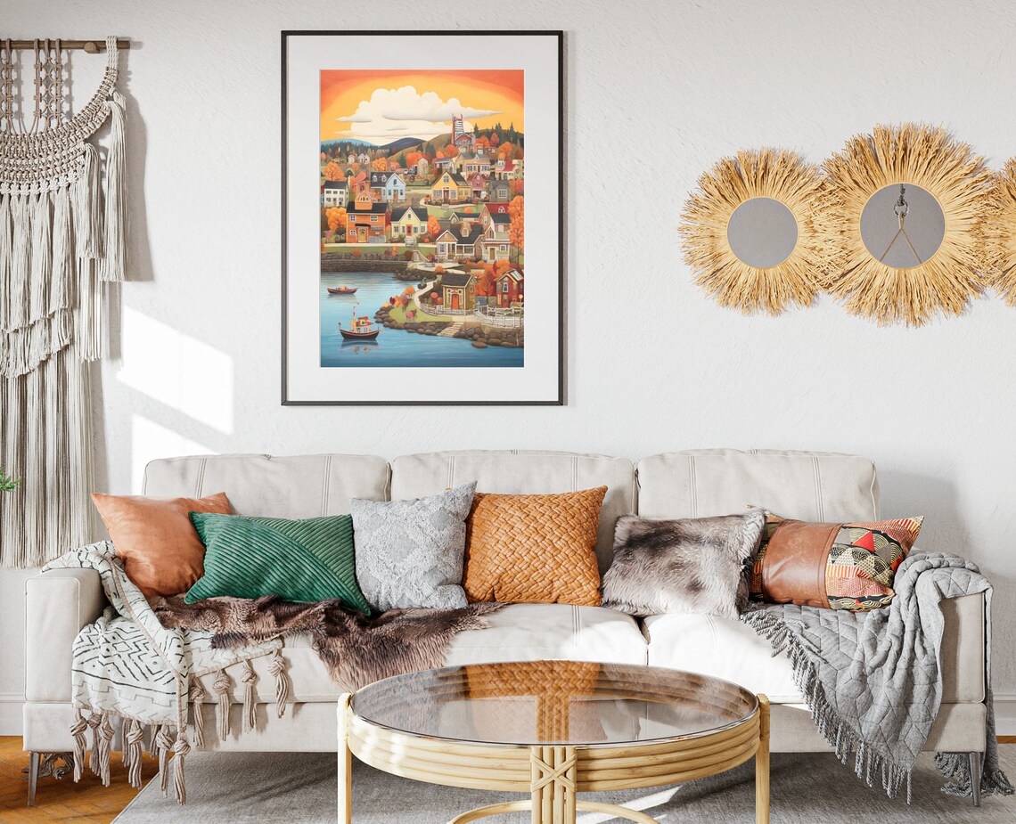 Sunset Harbor Town Fishing Boats Autumn Coast Golden Sky Art Poster - Image 2