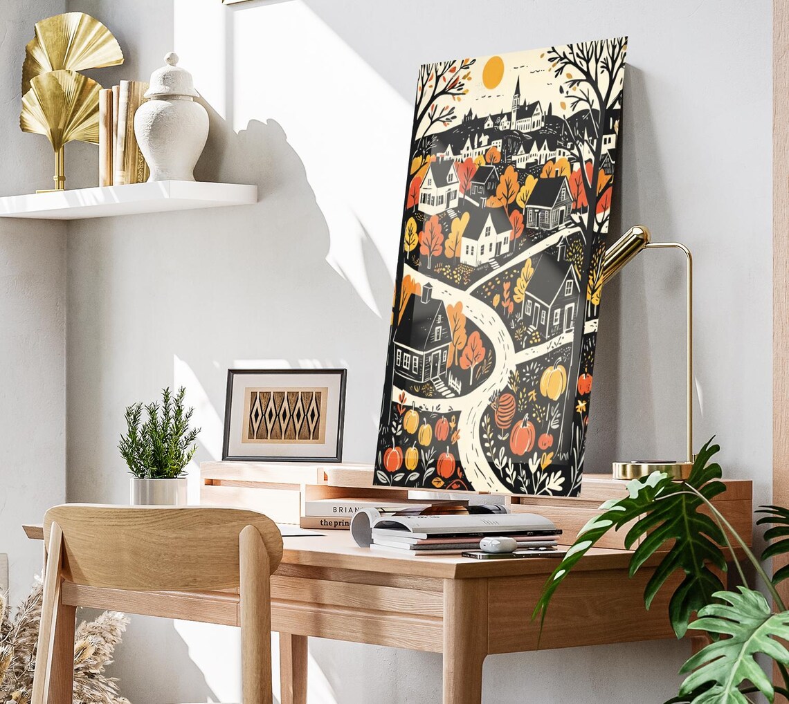 Fall Harvest Town Woodcut Village Scenic Orange Tree Art Print - Image 3
