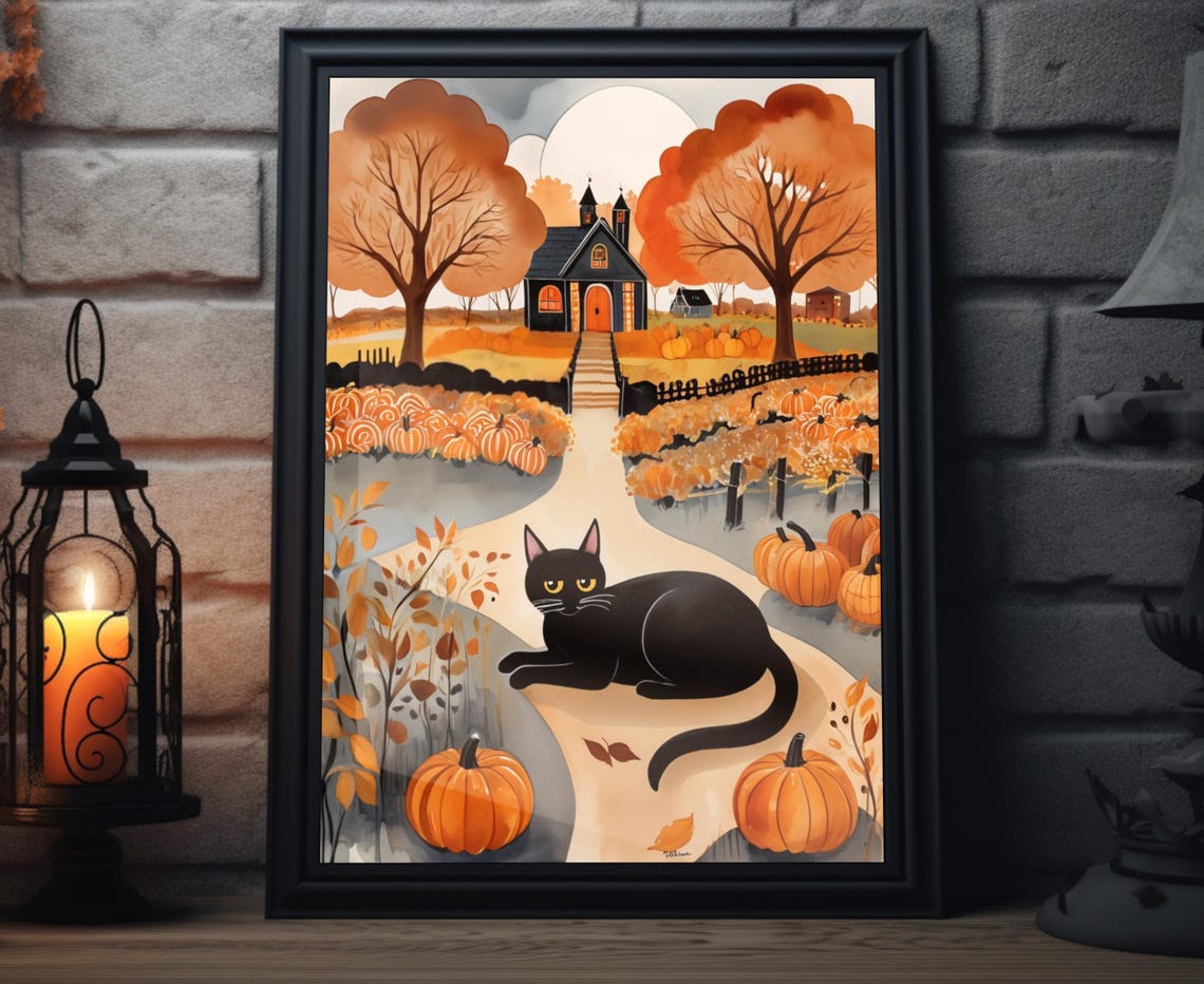Black Cat Pumpkin Path Autumn Chapel Night Fall Folk Art Poster