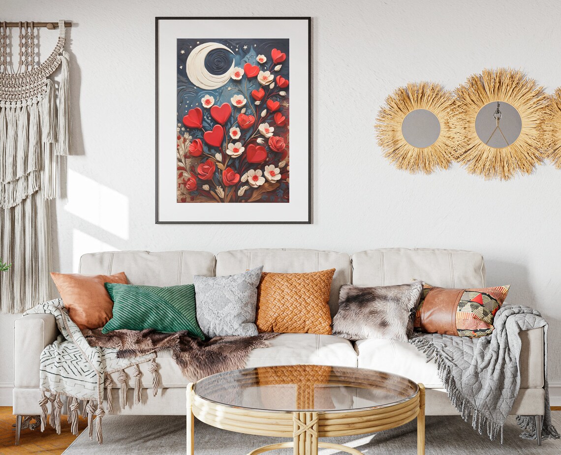 Valentines Quilled Heart Bouquet Roses Crescent Moon Romantic Poster - Image 2