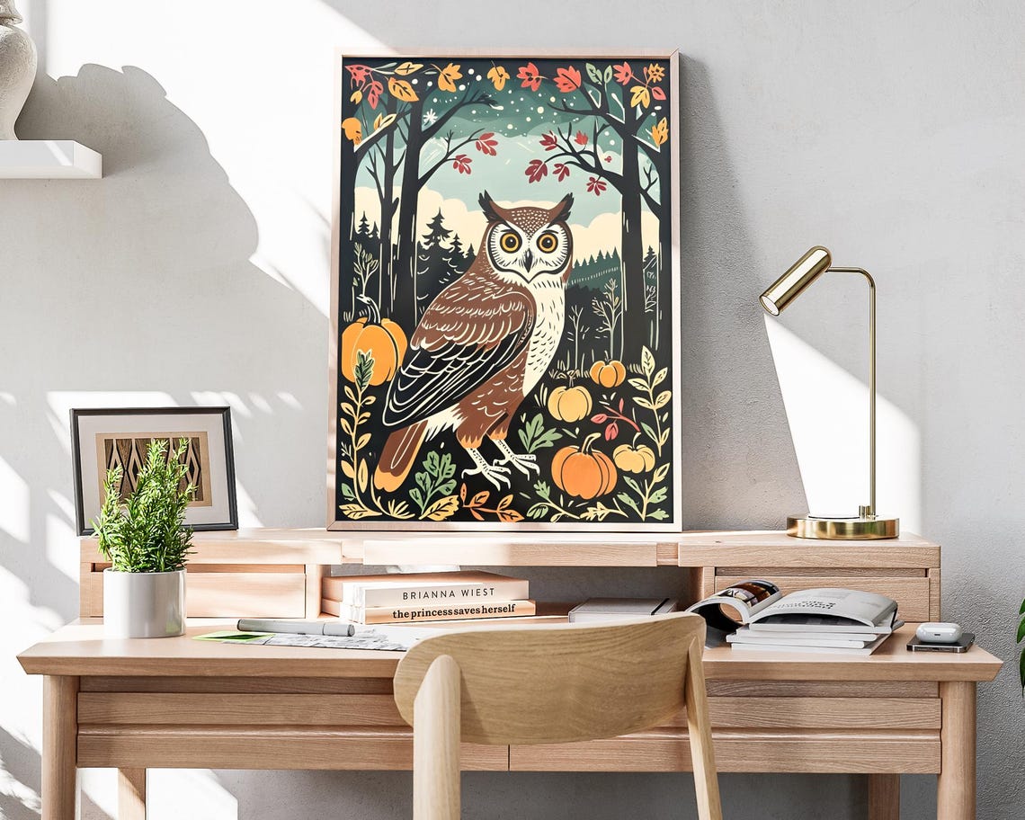 Brown Owl Among Pumpkins Autumn Trees Woodcut Style Fall Wall Poster - Image 4