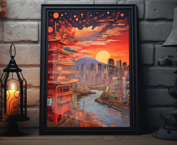 Japan Starry Sunset Matte Wall Art Japanese City Artwork Japanese Shrine Print Tokyo Painting Japanese Decor Japan Folk Art Poster