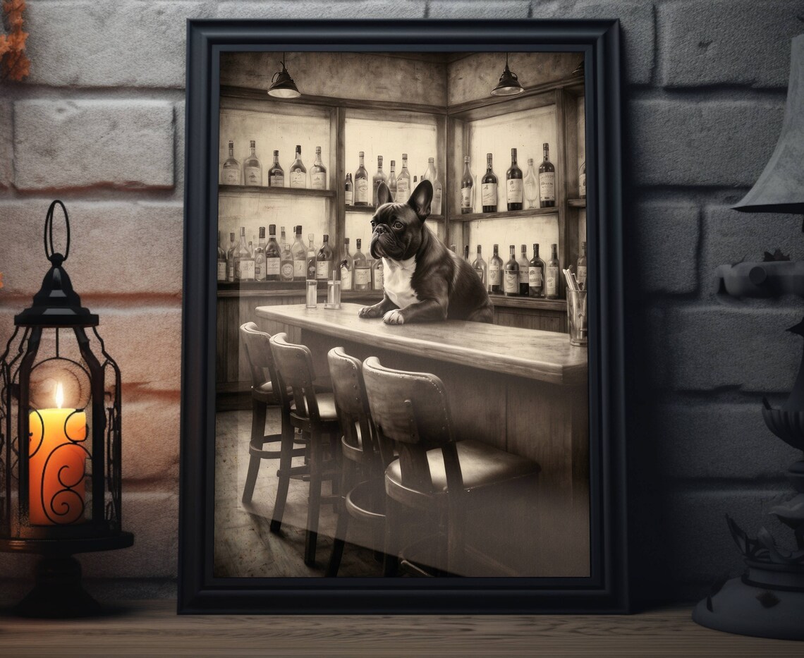 French Bulldog Sitting At Vintage Bar Counter Sepia Wall Art Poster