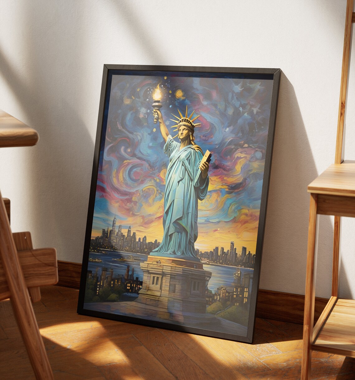 New York Statue Of Liberty Starry Night Skyline Torch Harbor Art Poster - Image 4