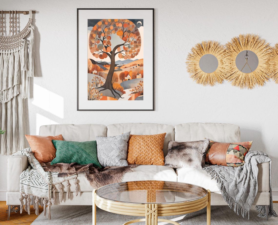 Abstract Orange Tree Rolling Hills Harvest Moon Folk Art Poster - Image 2