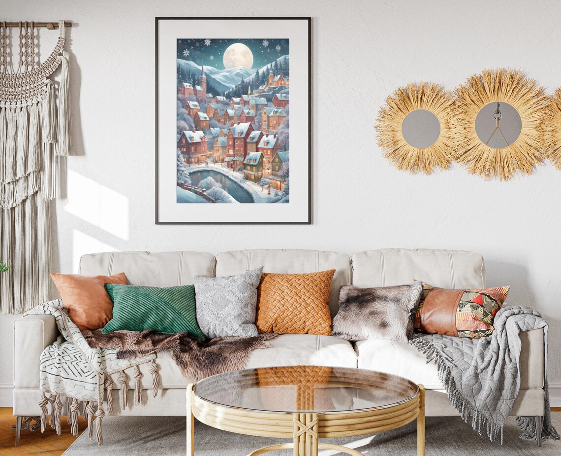Snowy Christmas Village Scene Art Print Winter Night Painting Artwork Holiday Wall Decor Poster Moonlit Town Christmas Seasonal Poster - Image 2
