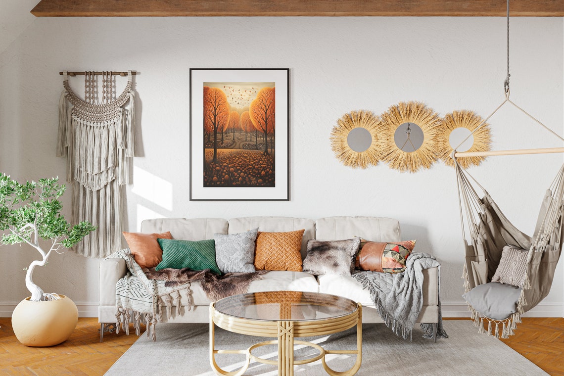 Orange Autumn Forest Winding Path Fallen Leaves Folk Art Poster - Image 2