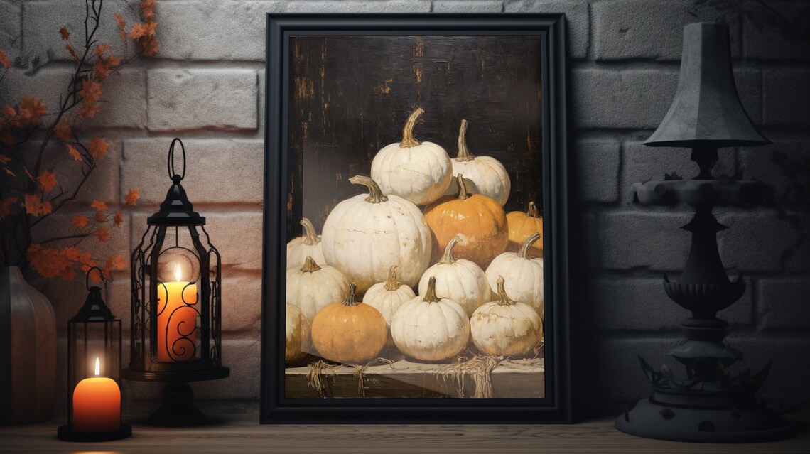 Vintage Pumpkin Still Life White Harvest Farmhouse Art Poster