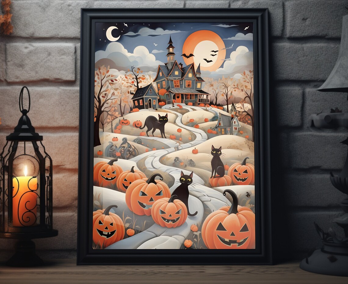 Halloween Black Cats Haunted Mansion Pumpkins Moon Night Poster