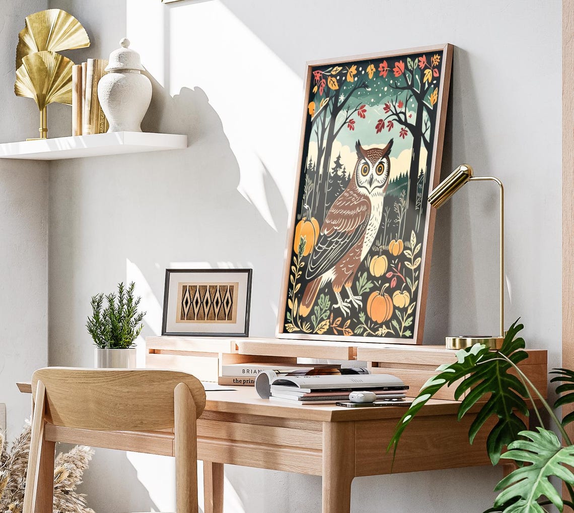 Brown Owl Among Pumpkins Autumn Trees Woodcut Style Fall Wall Poster - Image 3