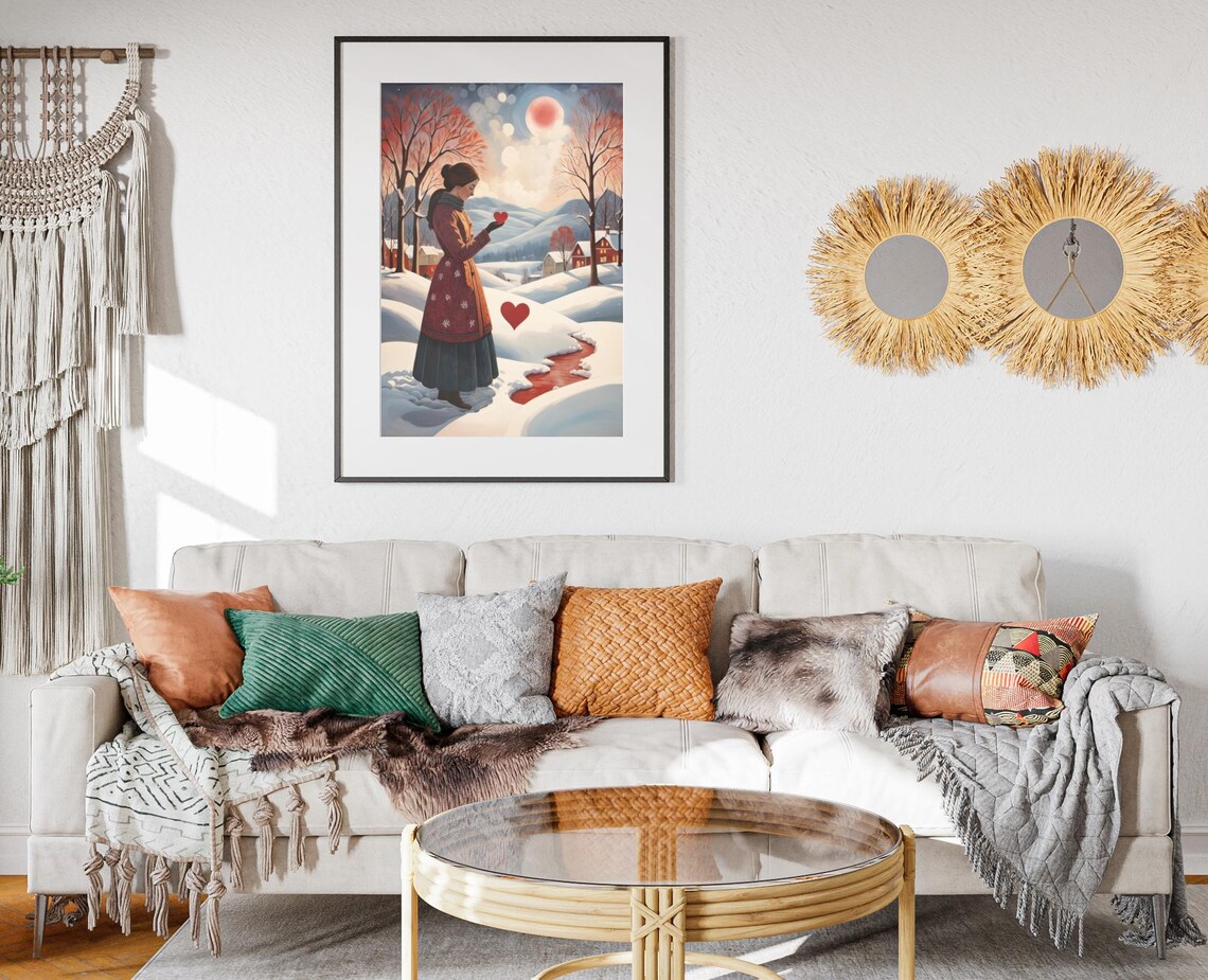 Winter Heart Snowy Village Woman Red Heart Folk Art Christmas Poster - Image 2