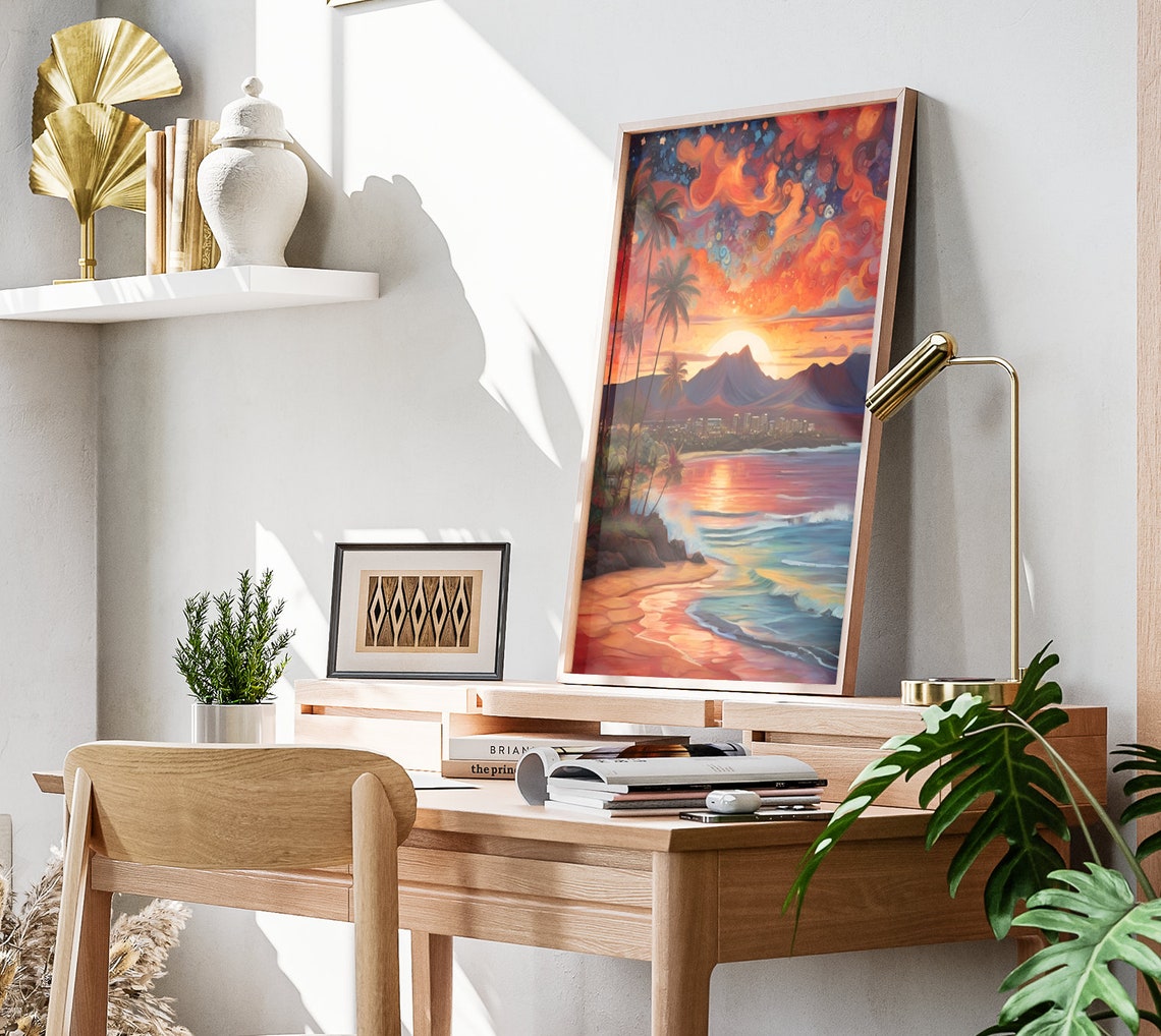Hawaii Starry Sunset Matte Wall Art Hawaiian Beach Artwork Coastal Island Print Hawaii Painting Hawaiian Decor Hawaii Folk Art Poster - Image 2