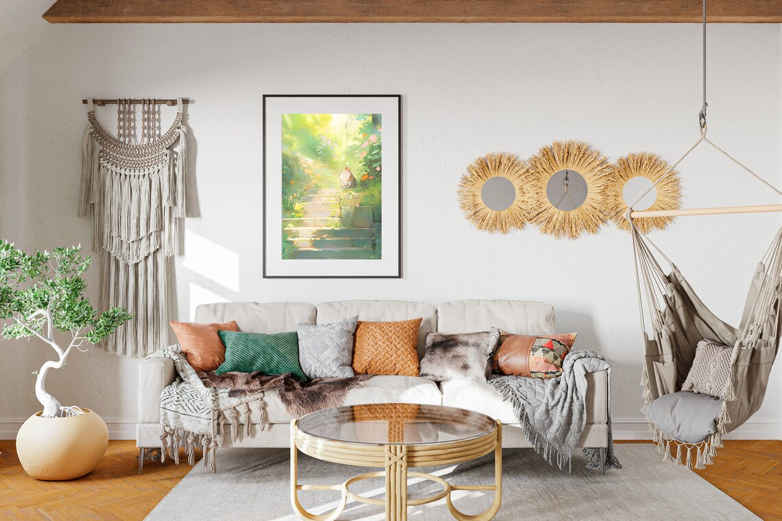 Cat Sunlit Garden Stairs Watercolor Flower Path Peaceful Kitty Wall Poster - Image 2