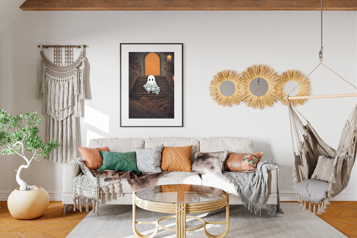 Cute Little Ghost on Stone Steps Sunset Spooky Halloween Poster - Image 2