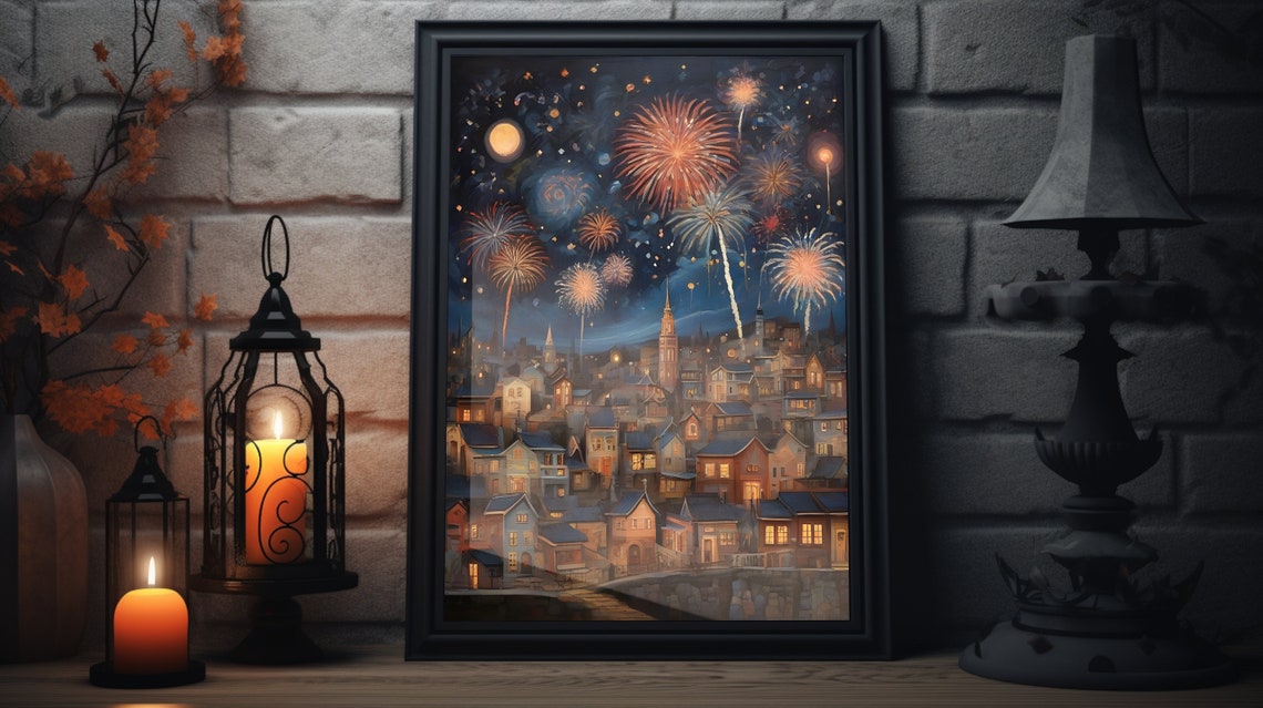 New Years Eve Folk Art Matte Poster New Years Painting Art Print Happy New Years Decor New Years Wall Art New Years Holiday Artwork