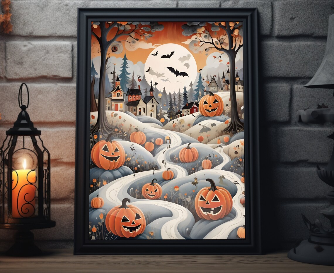 Halloween Village On Hills With Jack O Lanterns And Bats Wall Art Poster