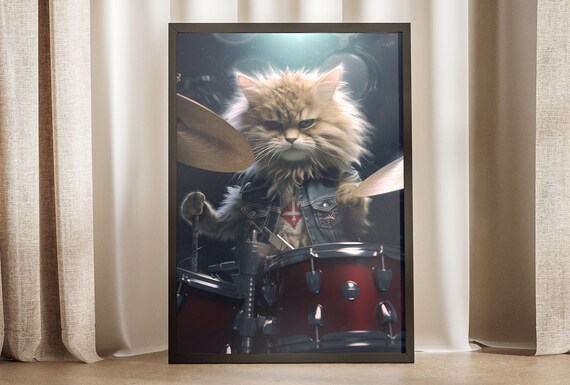 Fluffy Cat Playing Drums Rock Denim Vest Heavy Metal Music Poster