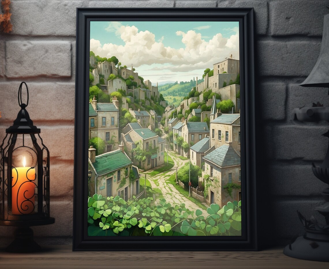 Ireland Hillside Village Cobbled Lanes Stone Houses Folk Art Poster