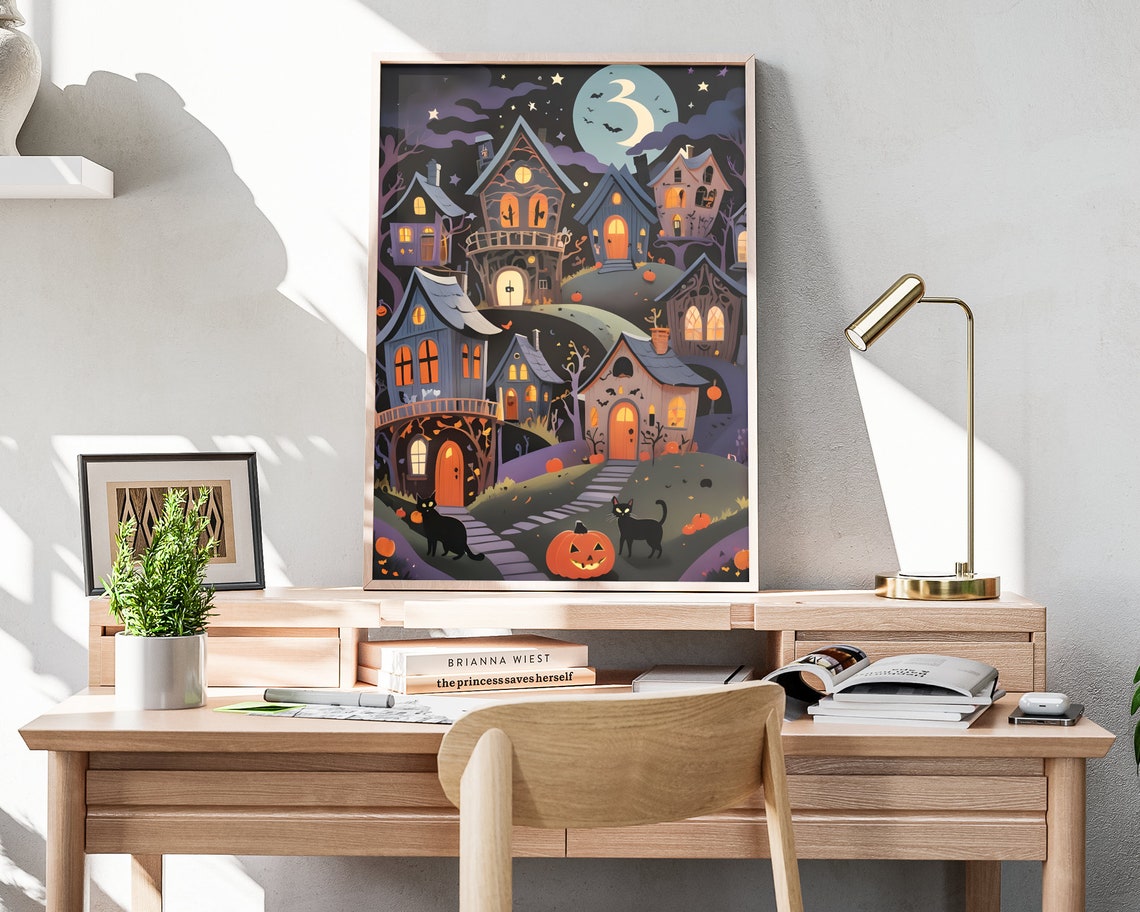Haunted Halloween Village Black Cats Moon Pumpkins Art Poster - Image 4