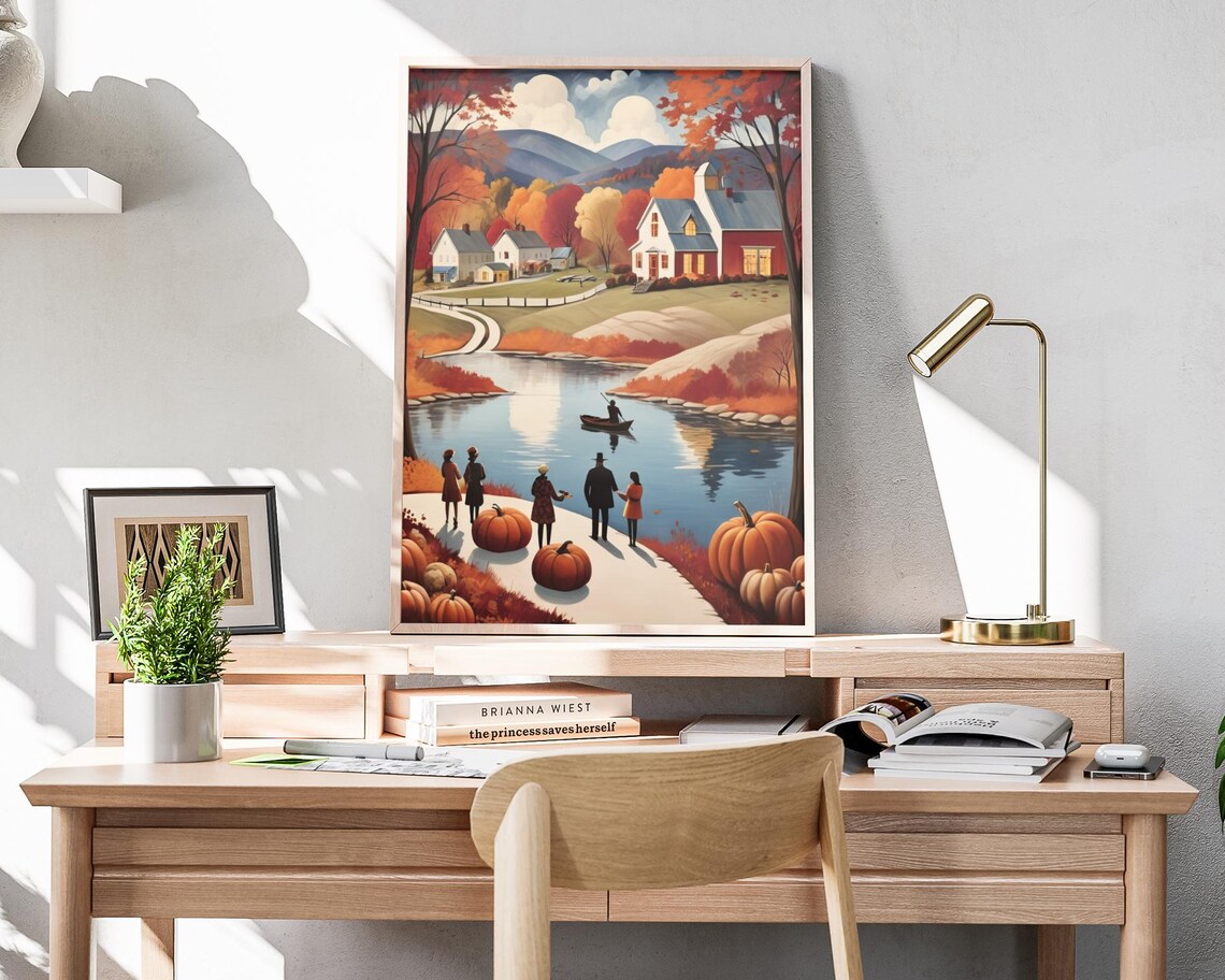 Autumn Lakeview Pumpkins Neighbors Farmhouses Peaceful Lake Poster - Image 4