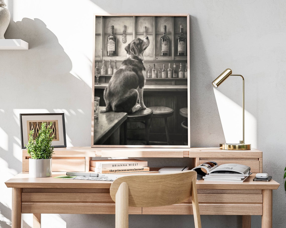 Beagle Sitting On Bar Stool Looking At Bottles Black White Poster - Image 4