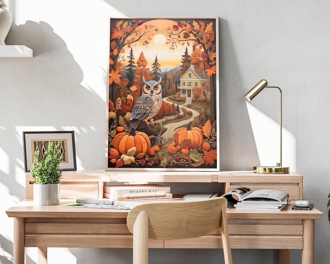 Fall Forest Owl Folk Art Print, Thanksgiving Decor - Image 4