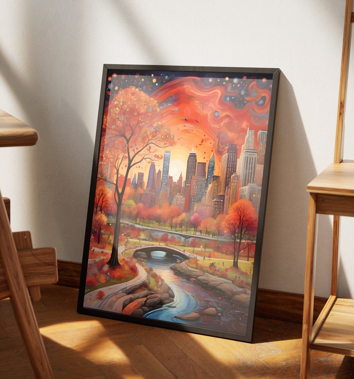 New York Central Park Autumn Stream Sunset Red Sky Skyline Art Poster - Image 4